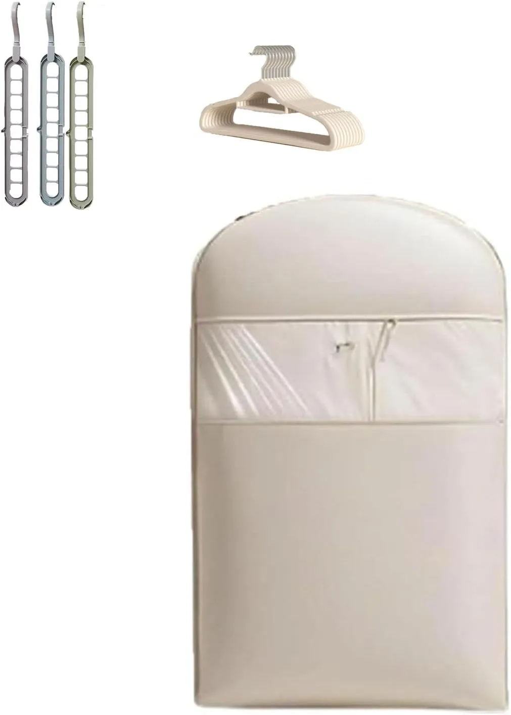 Space Saving Hanging Garment Bag with Self Compression Zipper, Down Coat Compression Dust Cover with Clear Window for Closet Storage for Jacket, Skirt, Shirt and Coat (Beige, M)