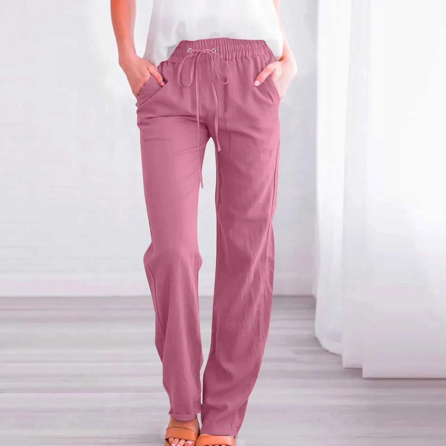 Straight Leg Pants for Women Summer Cotton Linen Drawstring Trousers Casual Loose Fit Comfy Slacks with Pockets