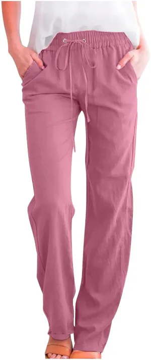 Straight Leg Pants for Women Summer Cotton Linen Drawstring Trousers Casual Loose Fit Comfy Slacks with Pockets