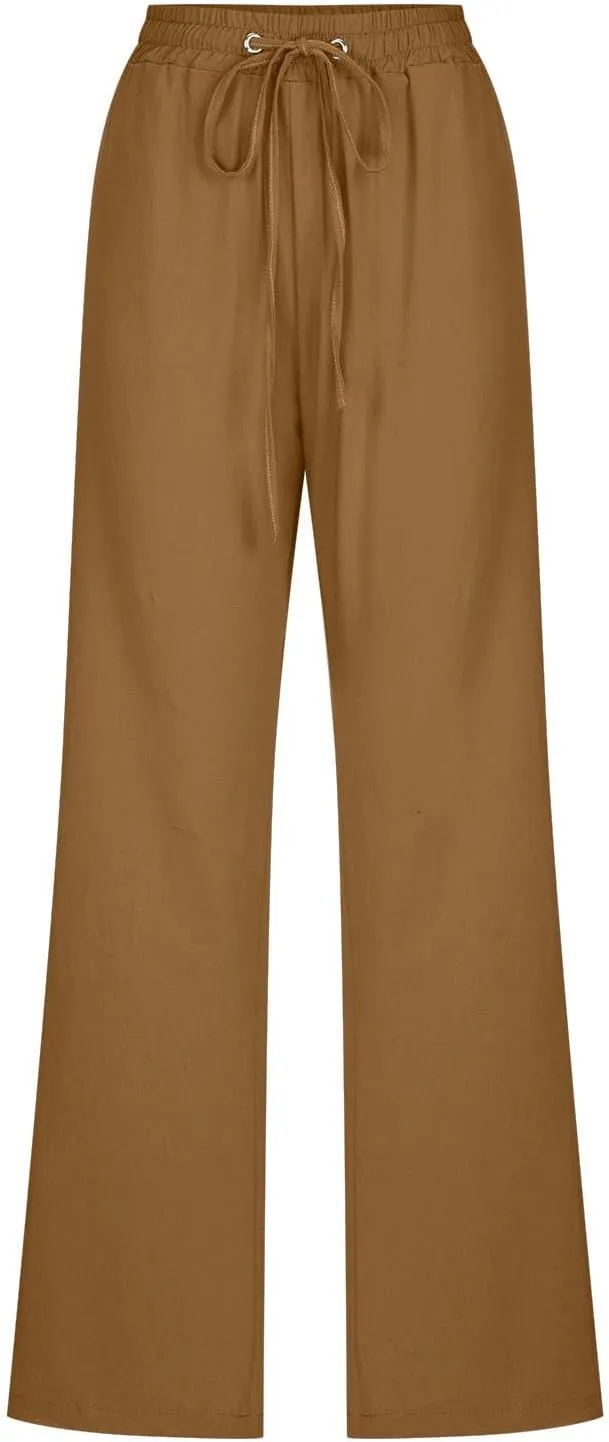 Straight Leg Pants for Women Summer Cotton Linen Drawstring Trousers Casual Loose Fit Comfy Slacks with Pockets