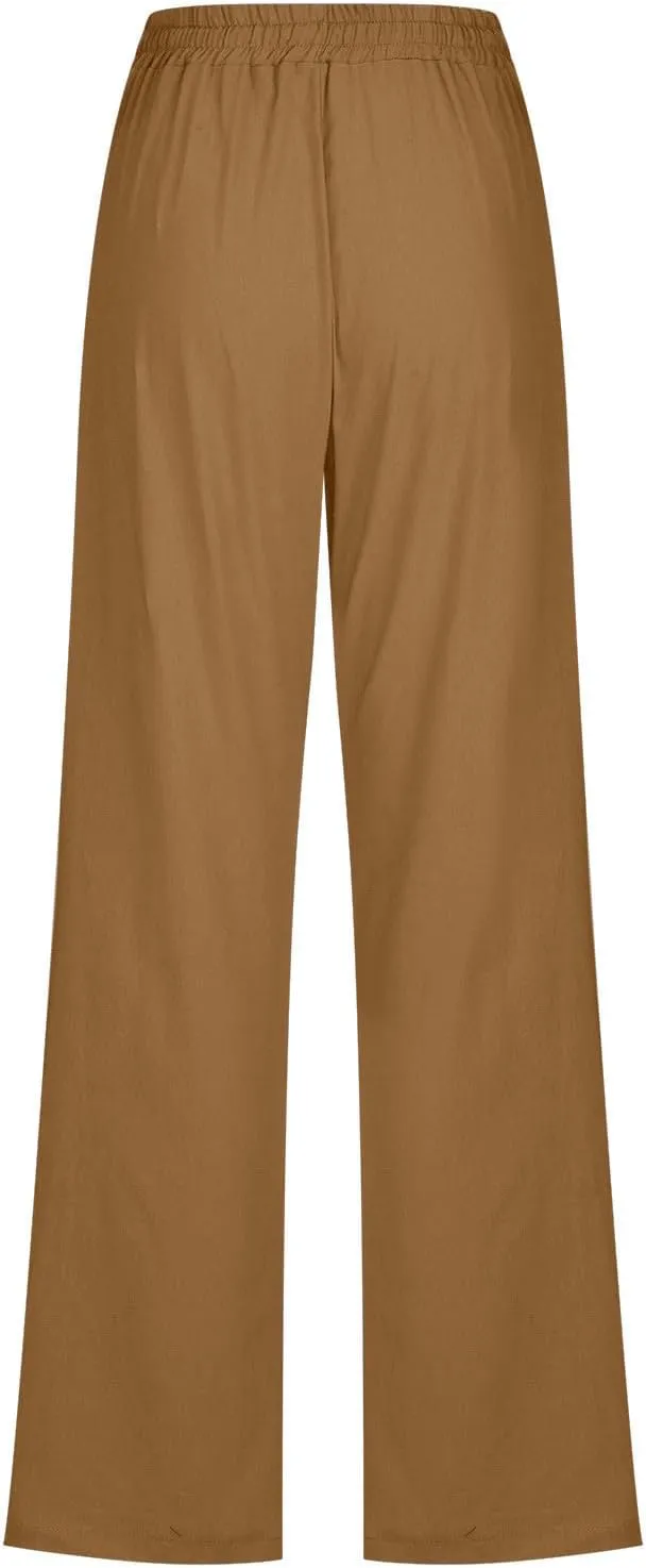 Straight Leg Pants for Women Summer Cotton Linen Drawstring Trousers Casual Loose Fit Comfy Slacks with Pockets