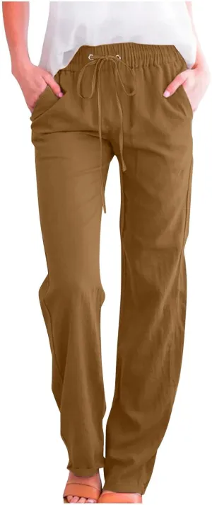 Straight Leg Pants for Women Summer Cotton Linen Drawstring Trousers Casual Loose Fit Comfy Slacks with Pockets