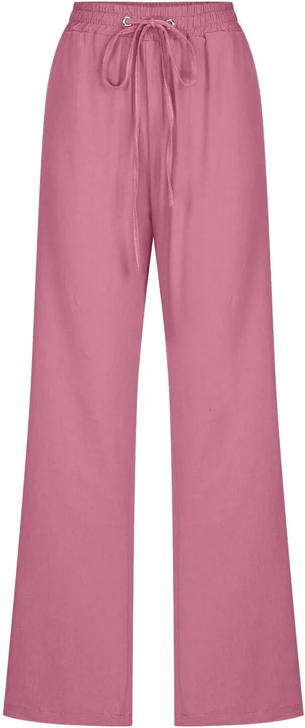 Straight Leg Pants for Women Summer Cotton Linen Drawstring Trousers Casual Loose Fit Comfy Slacks with Pockets