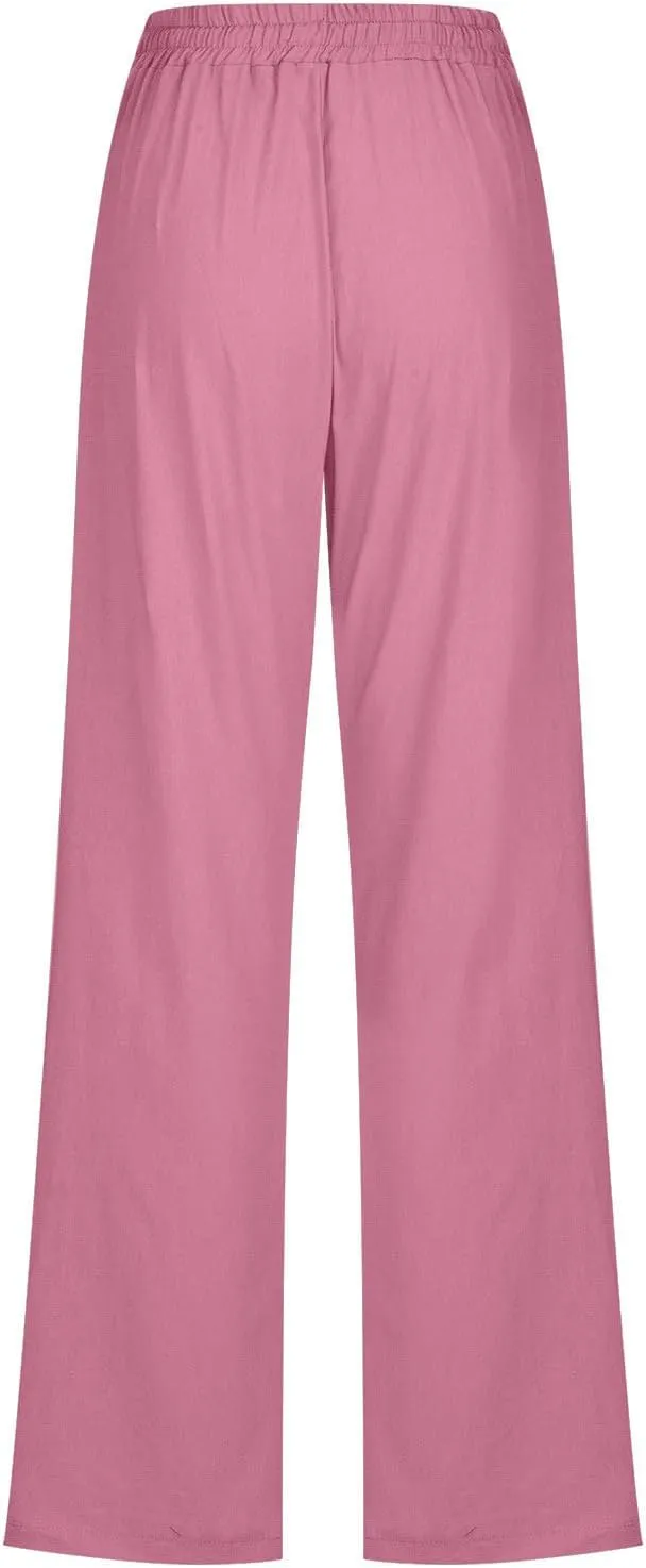 Straight Leg Pants for Women Summer Cotton Linen Drawstring Trousers Casual Loose Fit Comfy Slacks with Pockets
