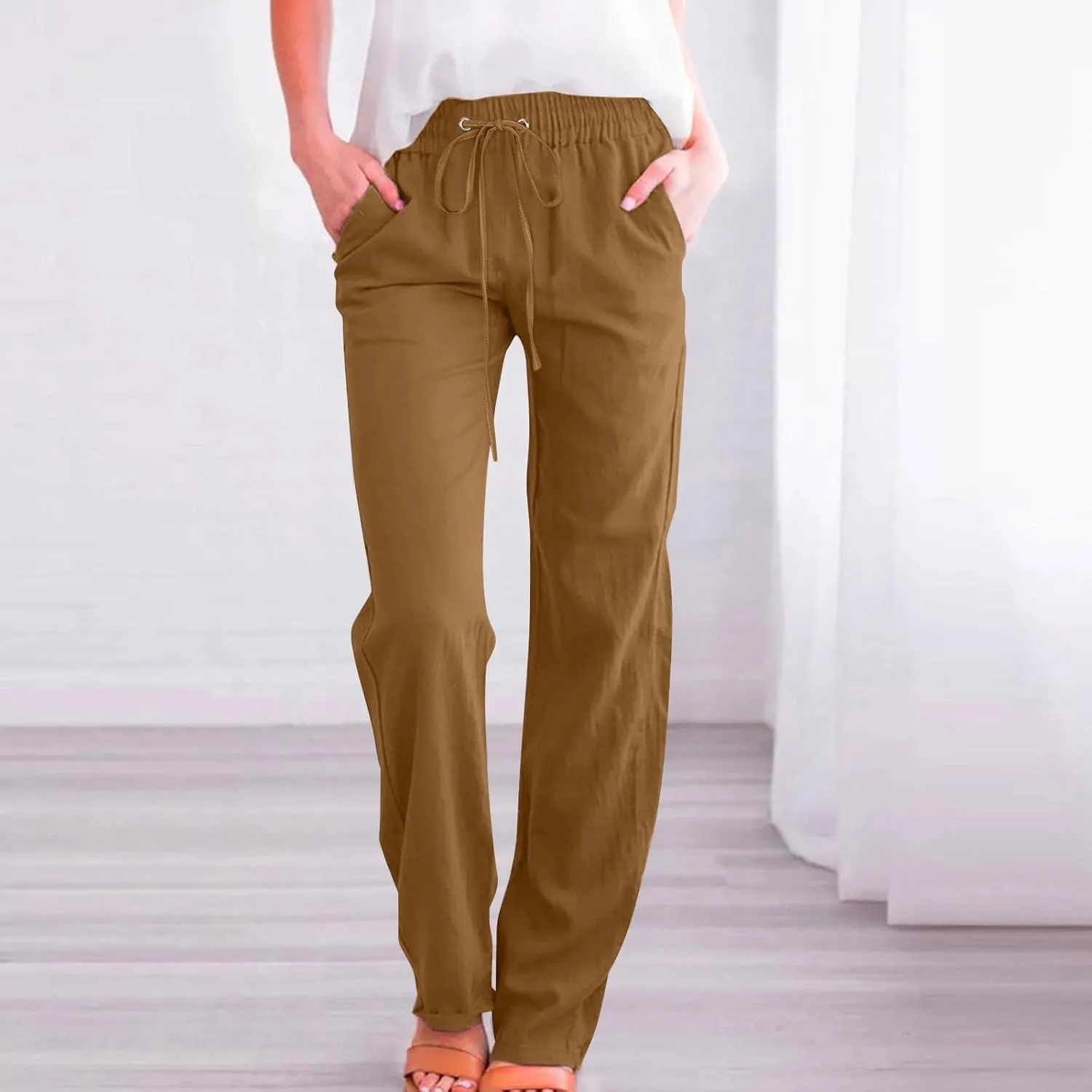Straight Leg Pants for Women Summer Cotton Linen Drawstring Trousers Casual Loose Fit Comfy Slacks with Pockets