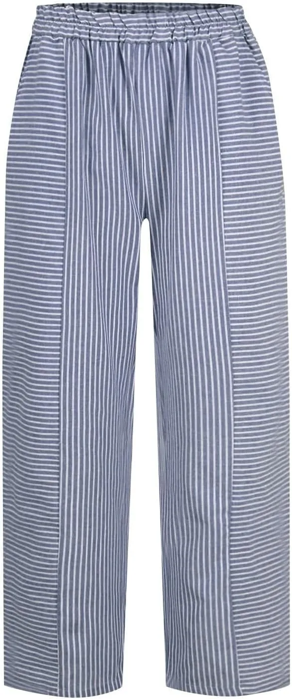 Striped Linen Pants Women Summer Elastic Waist Straight Leg Capris Lightweight Summer Beach Trousers with Pockets