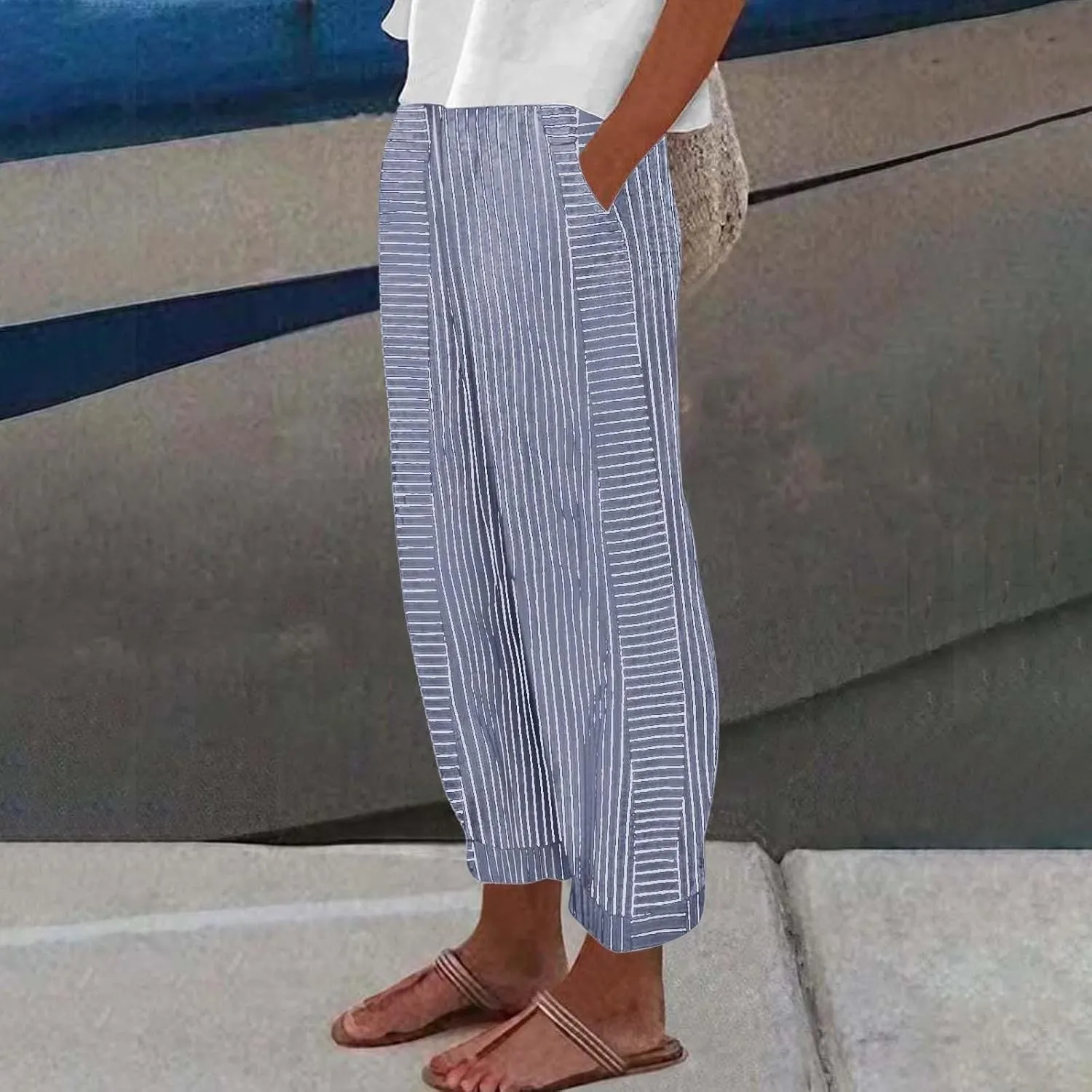 Striped Linen Pants Women Summer Elastic Waist Straight Leg Capris Lightweight Summer Beach Trousers with Pockets