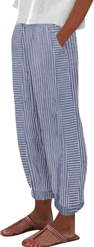 Striped Linen Pants Women Summer Elastic Waist Straight Leg Capris Lightweight Summer Beach Trousers with Pockets