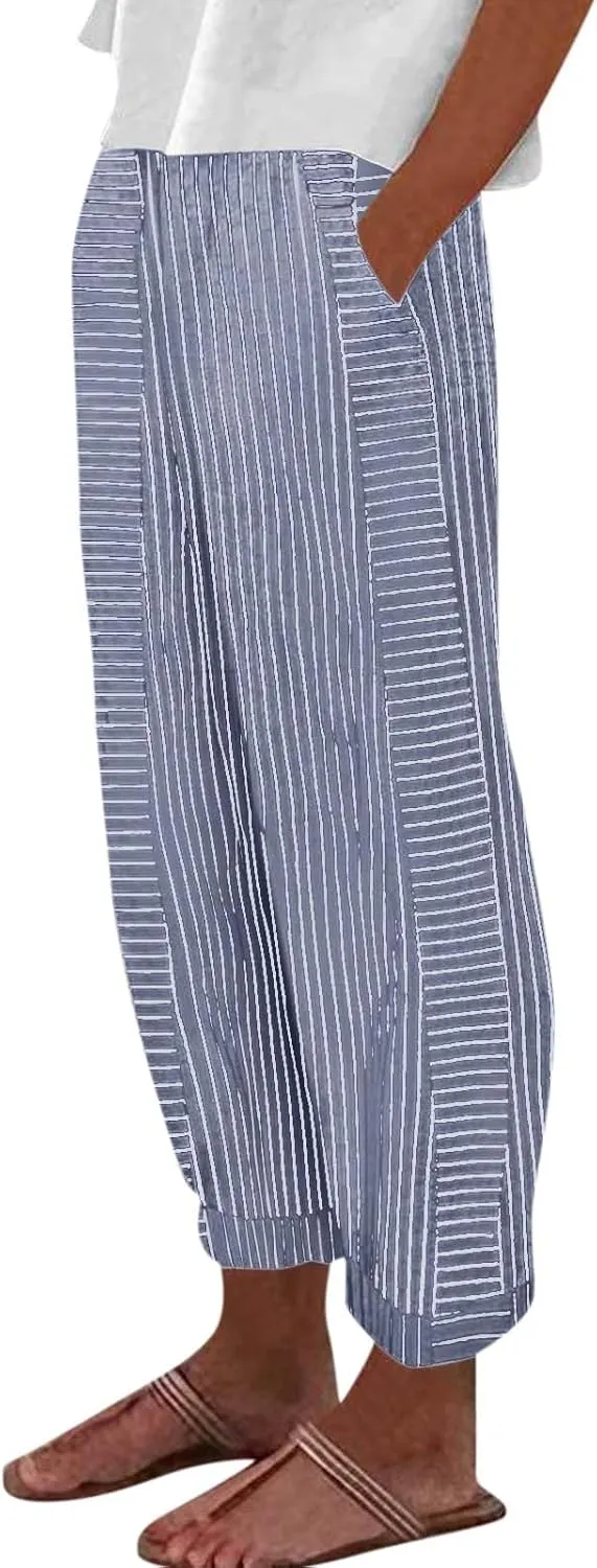 Striped Linen Pants Women Summer Elastic Waist Straight Leg Capris Lightweight Summer Beach Trousers with Pockets
