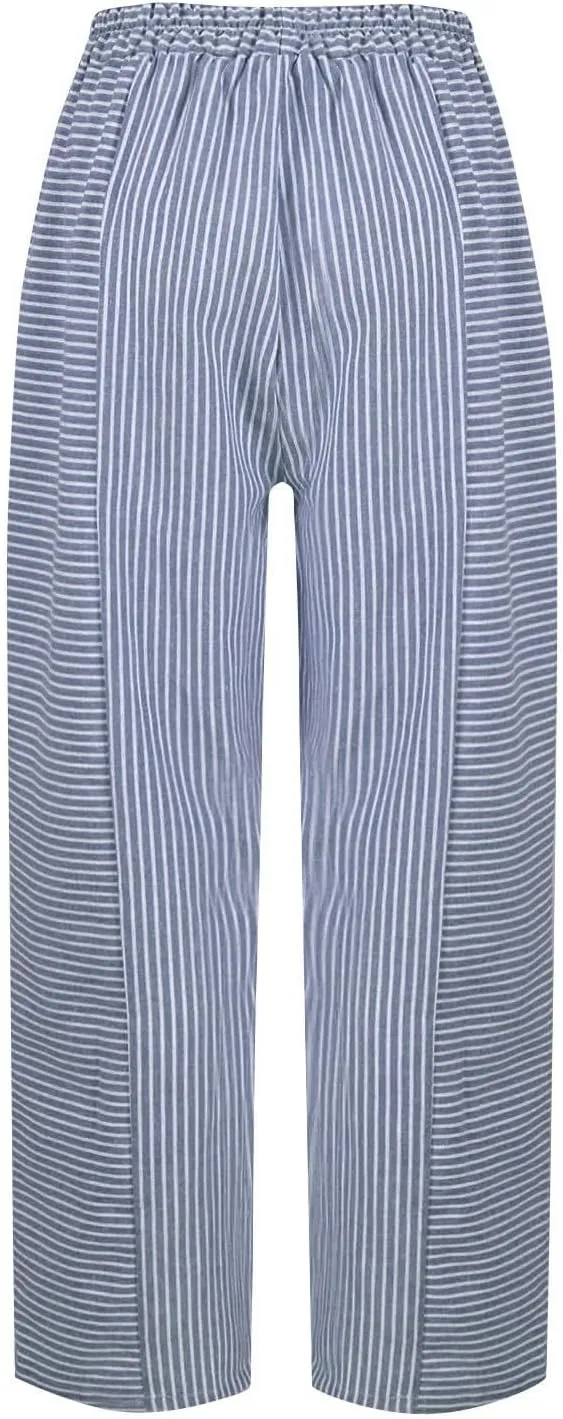 Striped Linen Pants Women Summer Elastic Waist Straight Leg Capris Lightweight Summer Beach Trousers with Pockets