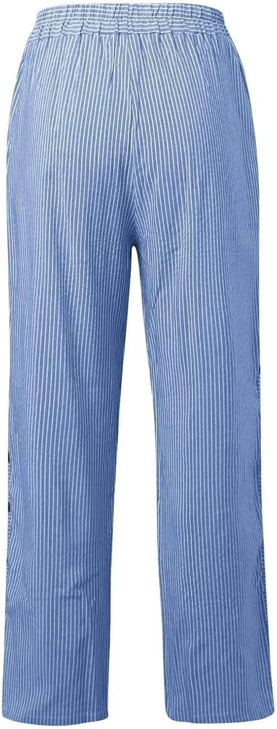 Summer Beach Pants for Women Casual Stiped Drawstring Pants with Pockets Button Side Design Wide Leg Linen Pants for Women