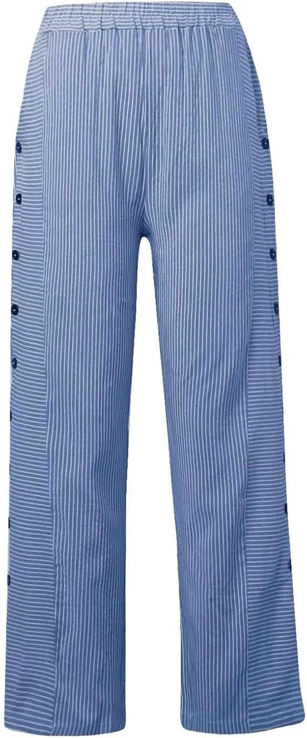 Summer Beach Pants for Women Casual Stiped Drawstring Pants with Pockets Button Side Design Wide Leg Linen Pants for Women