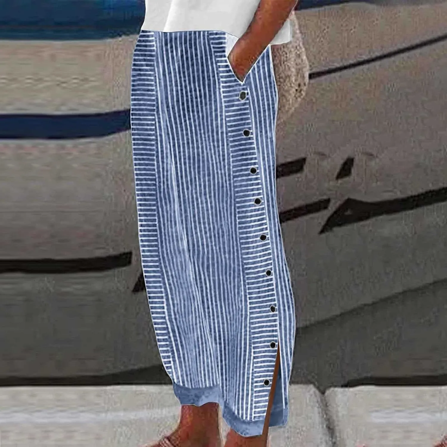 Summer Beach Pants for Women Casual Stiped Drawstring Pants with Pockets Button Side Design Wide Leg Linen Pants for Women