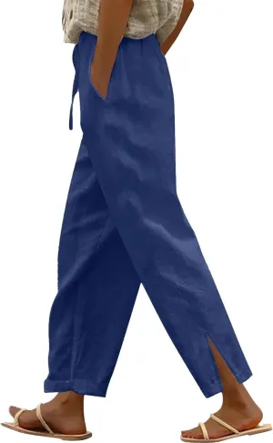 Summer Capri Pants for Women 2025 Linen Straight Leg Loose Casual Pants Casual Lounge Travel Trousers with Pockets