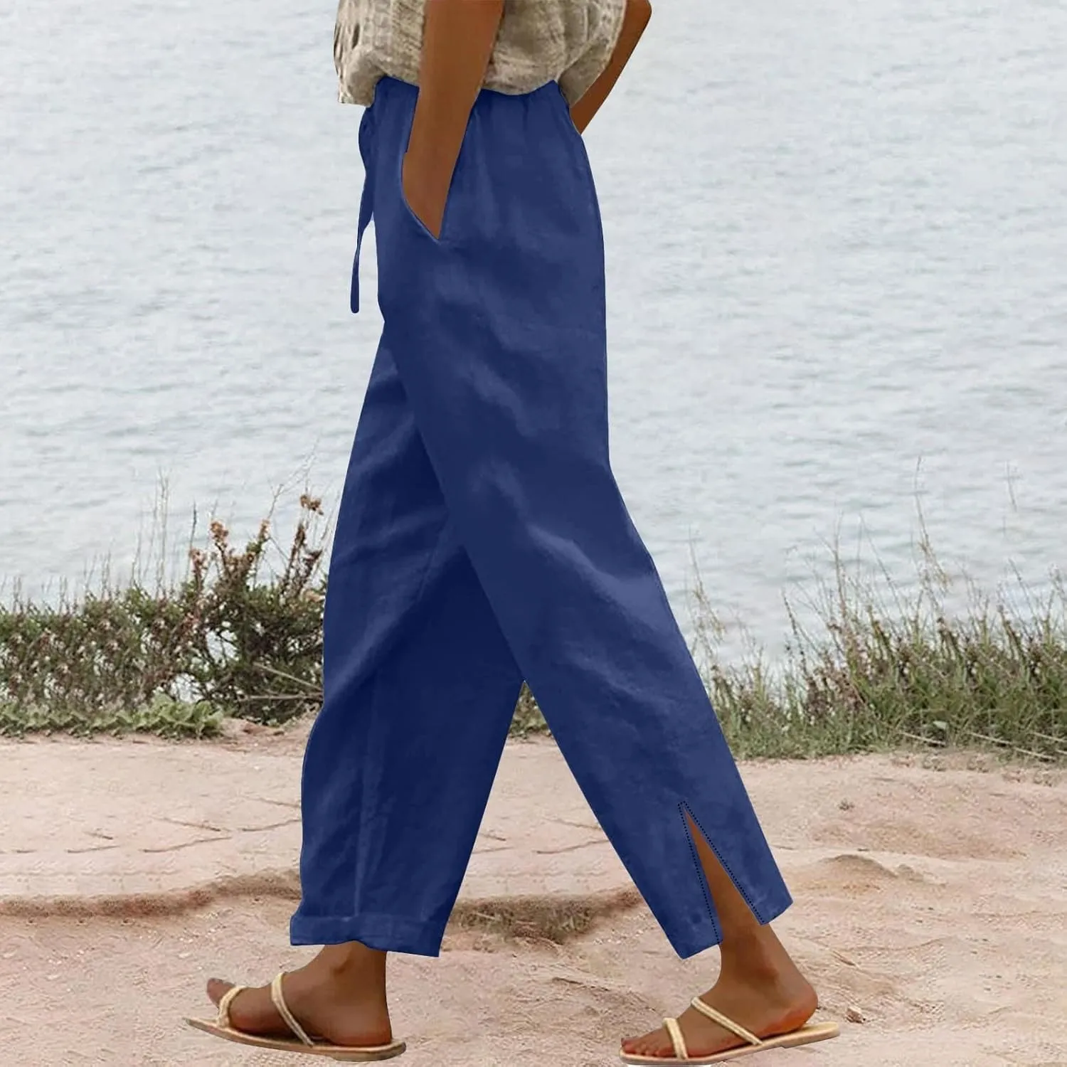 Summer Capri Pants for Women 2025 Linen Straight Leg Loose Casual Pants Casual Lounge Travel Trousers with Pockets