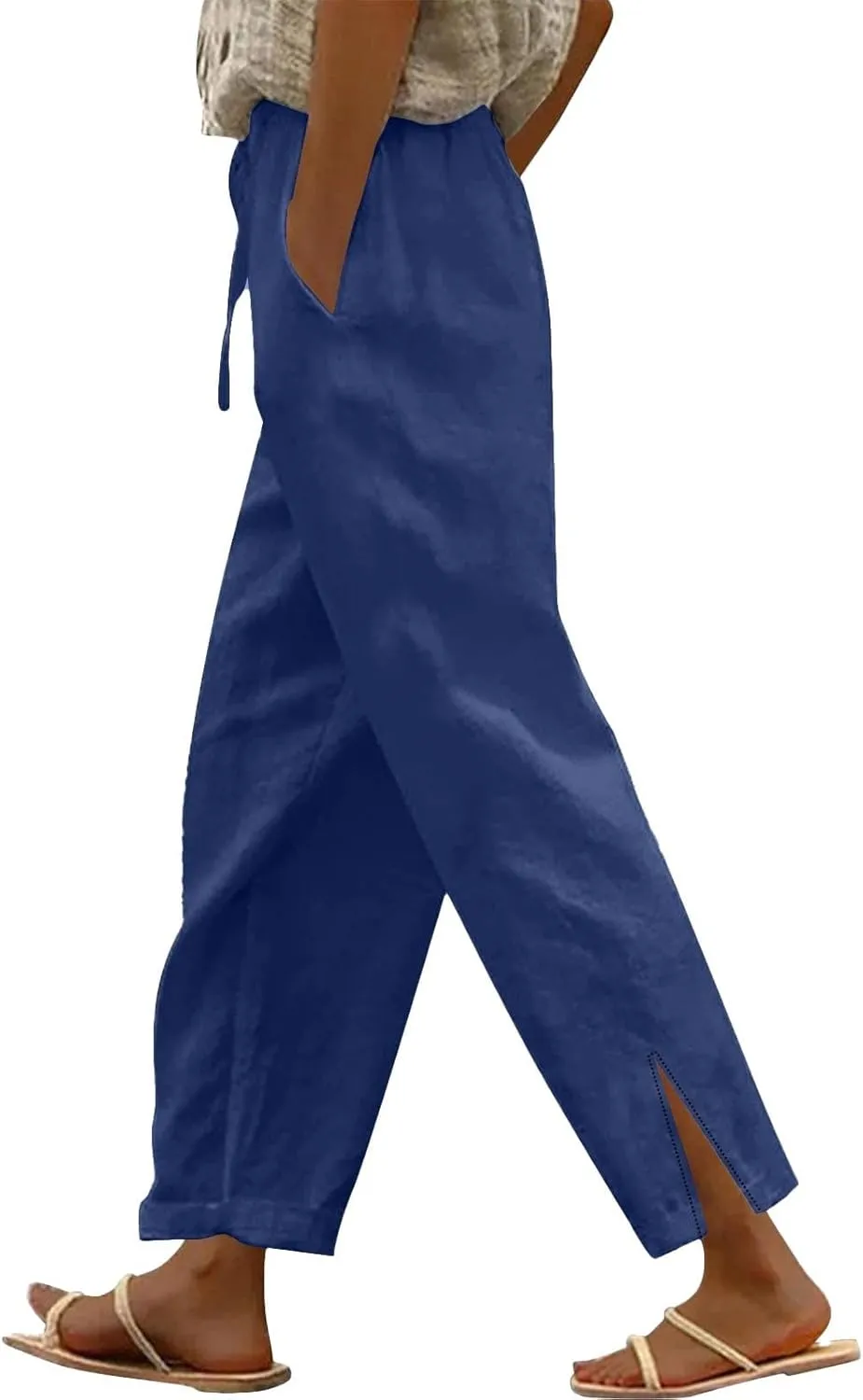 Summer Capri Pants for Women 2025 Linen Straight Leg Loose Casual Pants Casual Lounge Travel Trousers with Pockets
