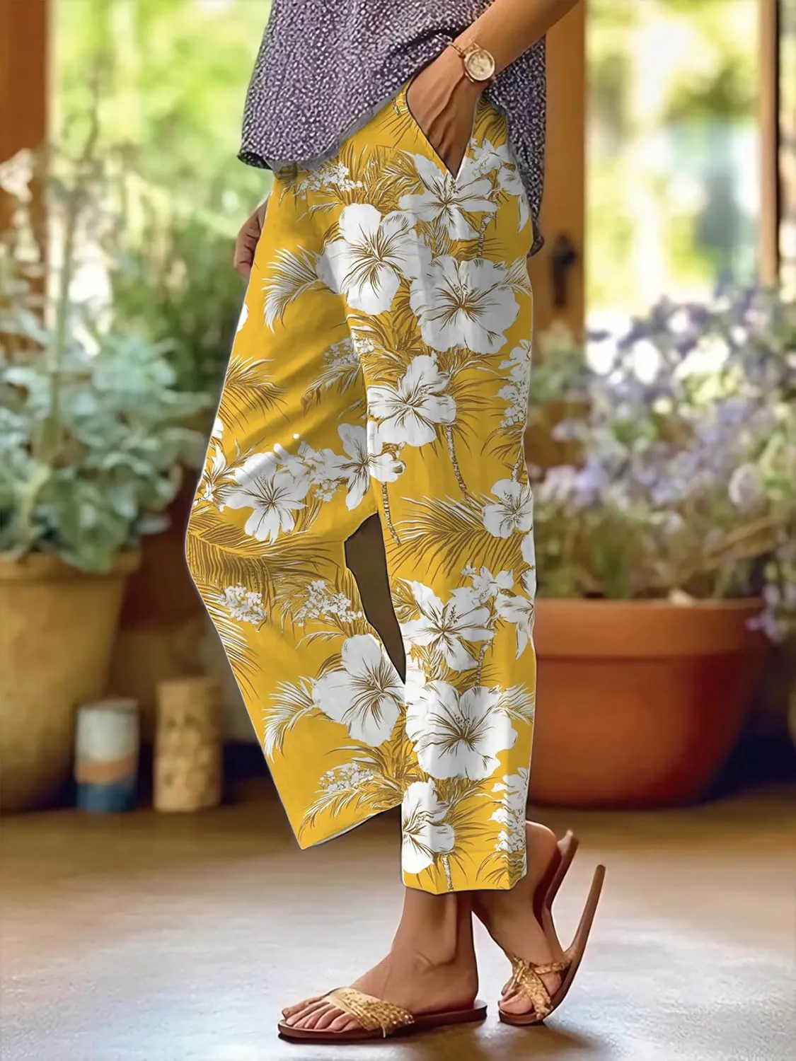 Summer Linen Pants for Women Casual Wide Leg Pants Plus Size Palazzo Pants Drawstring Elastic Waist Boho Pants