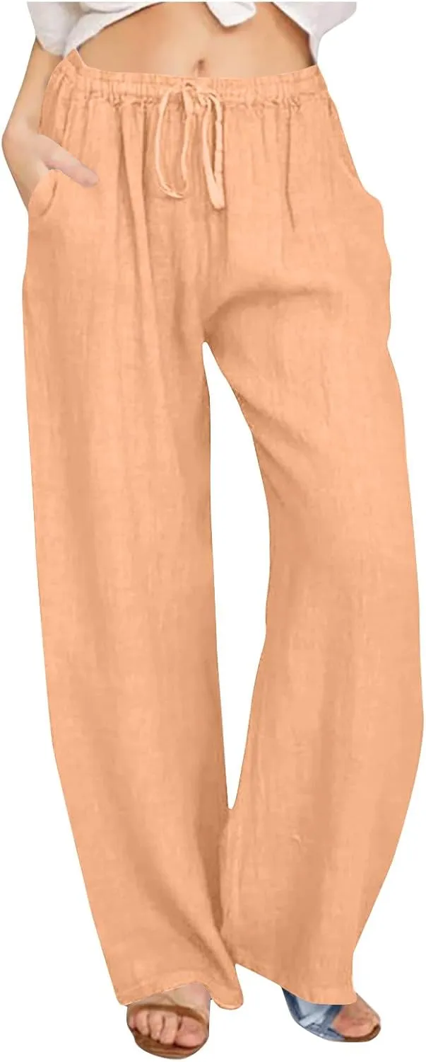 Summer Pants for Women 2025 Casual Loose Cotton Linen Pants Wide Leg Drawstring Elastic Waist Trousers with Pockets