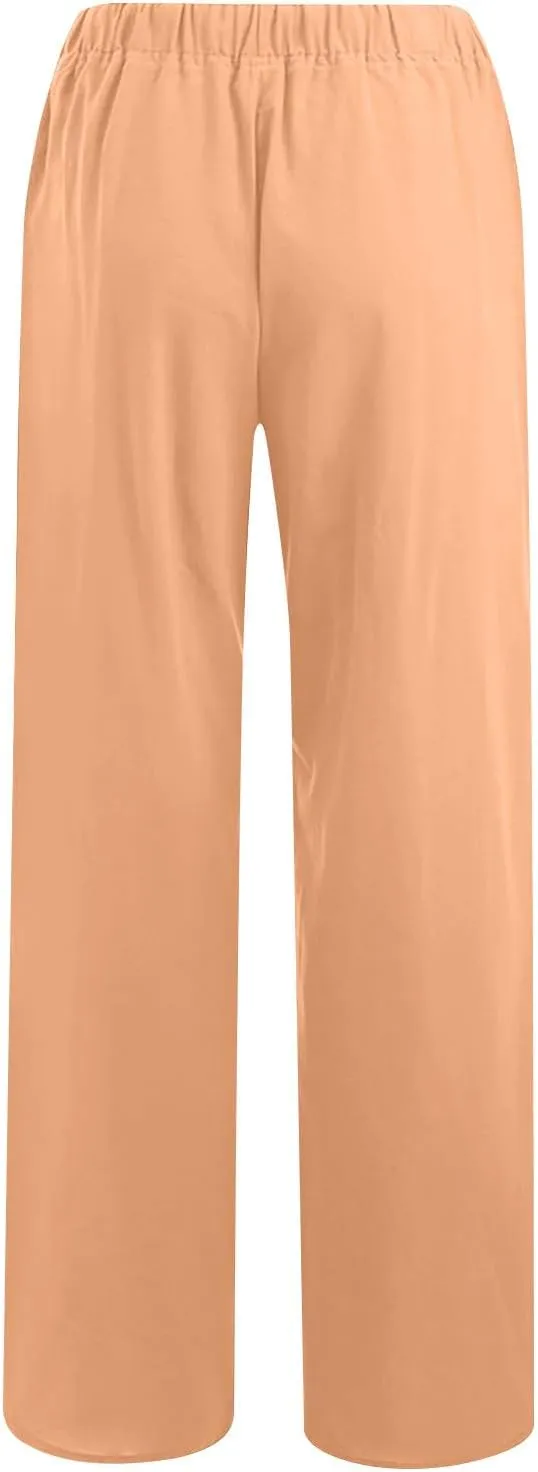 Summer Pants for Women 2025 Casual Loose Cotton Linen Pants Wide Leg Drawstring Elastic Waist Trousers with Pockets