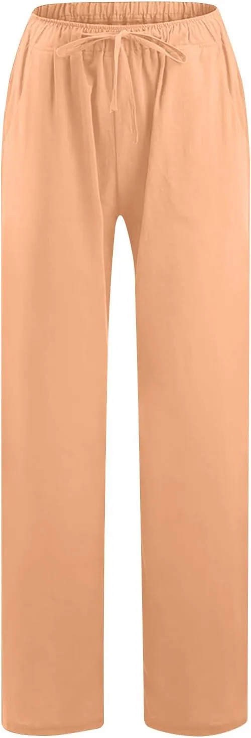Summer Pants for Women 2025 Casual Loose Cotton Linen Pants Wide Leg Drawstring Elastic Waist Trousers with Pockets