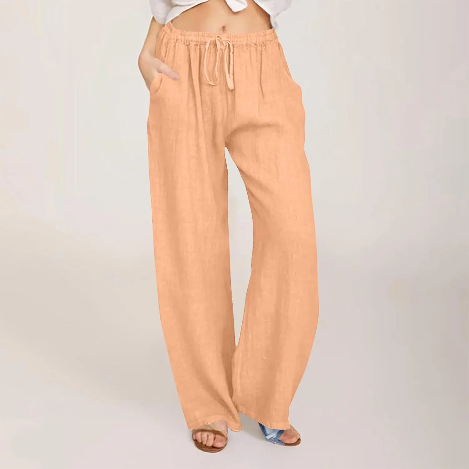 Summer Pants for Women 2025 Casual Loose Cotton Linen Pants Wide Leg Drawstring Elastic Waist Trousers with Pockets