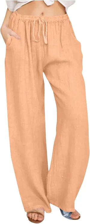 Summer Pants for Women 2025 Casual Loose Cotton Linen Pants Wide Leg Drawstring Elastic Waist Trousers with Pockets