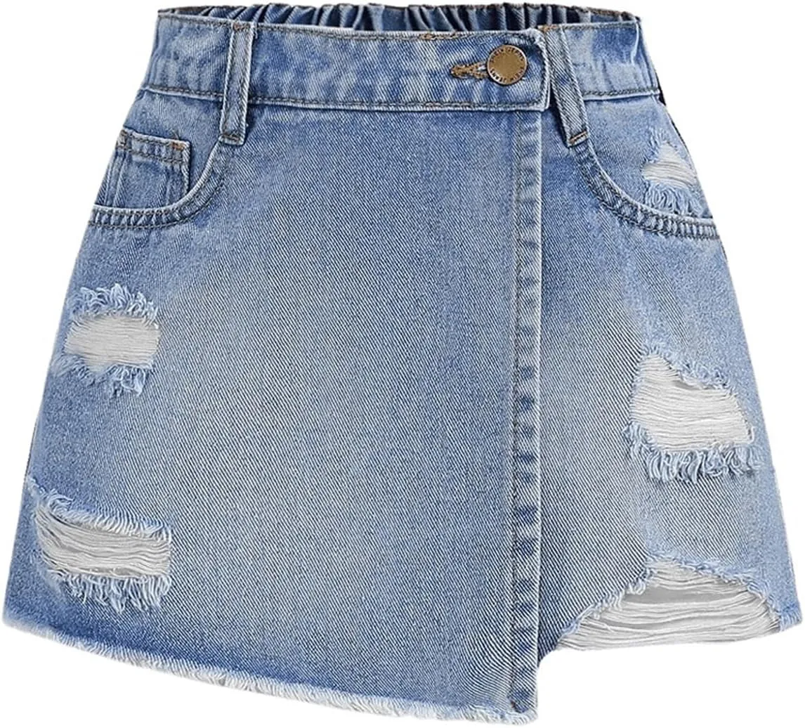 SweatyRocks Girl's Ripped Raw Hem Denim Shorts Elastic Waist Summer Jean Shorts Skorts