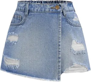 SweatyRocks Girl's Ripped Raw Hem Denim Shorts Elastic Waist Summer Jean Shorts Skorts