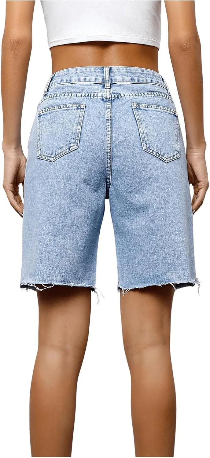 SweatyRocks Women's Casual High Waist Straight Leg Jean Shorts Raw Hem Denim Bermuda Shorts