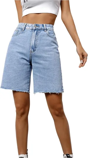 SweatyRocks Women's Casual High Waist Straight Leg Jean Shorts Raw Hem Denim Bermuda Shorts