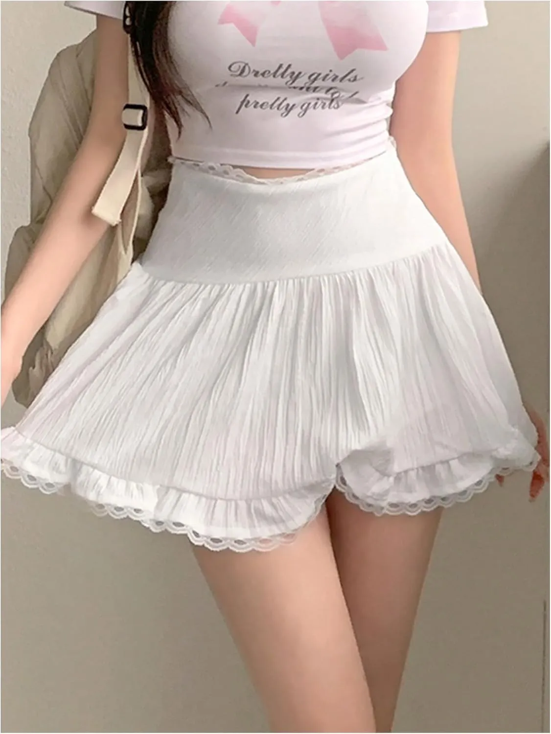 SweatyRocks Women's Lace Ruffle Mini Skirts Elastic High Waisted Pleated Skirt