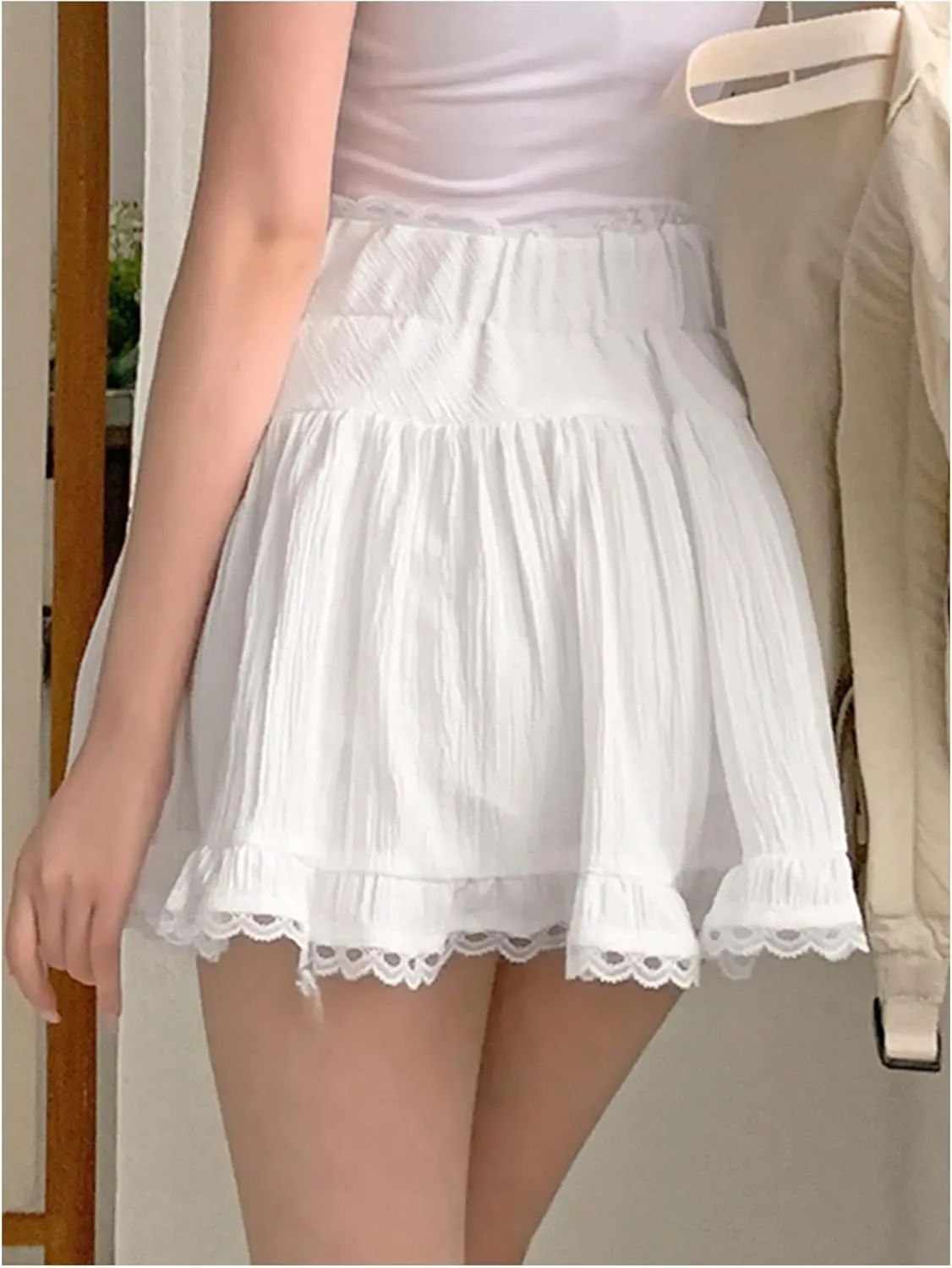 SweatyRocks Women's Lace Ruffle Mini Skirts Elastic High Waisted Pleated Skirt