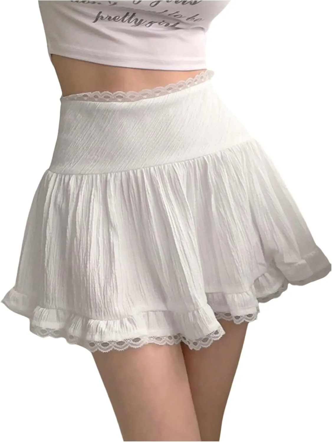 SweatyRocks Women's Lace Ruffle Mini Skirts Elastic High Waisted Pleated Skirt