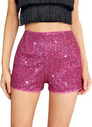 SweatyRocks Women's Sequins High Elastic Waist Straight Leg Shorts Solid Glitter Party Shorts