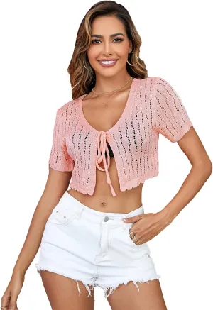 SweatyRocks Women's Short Sleeve Tie Front Knitted Cardigan Open Front Shirts Crop Top