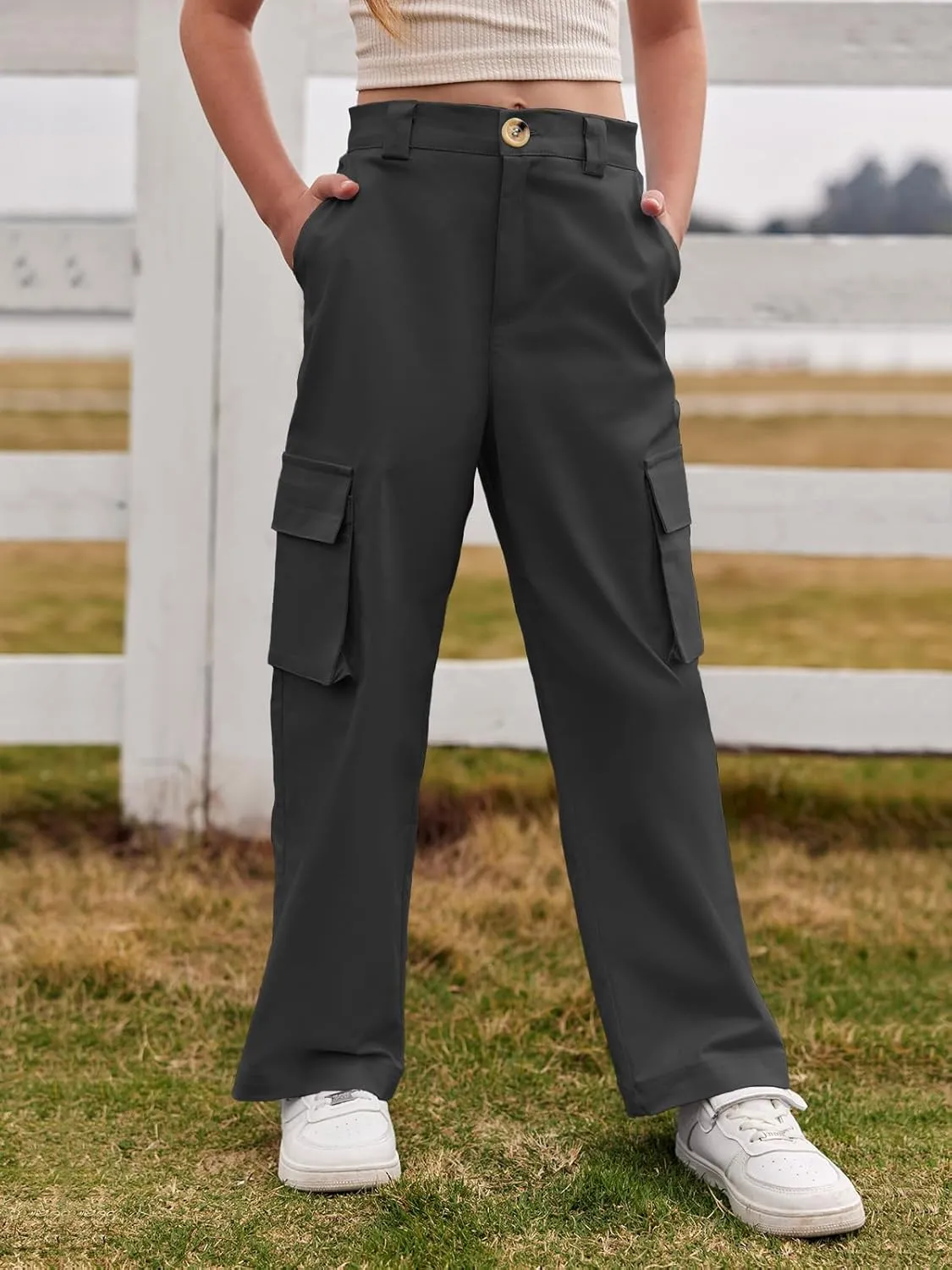 SySea Girls Cargo Pants Baggy Y2K Kids High Waist Sweatpants Flap Pockets Loose Fit Straight Wide Leg Casual Trousers