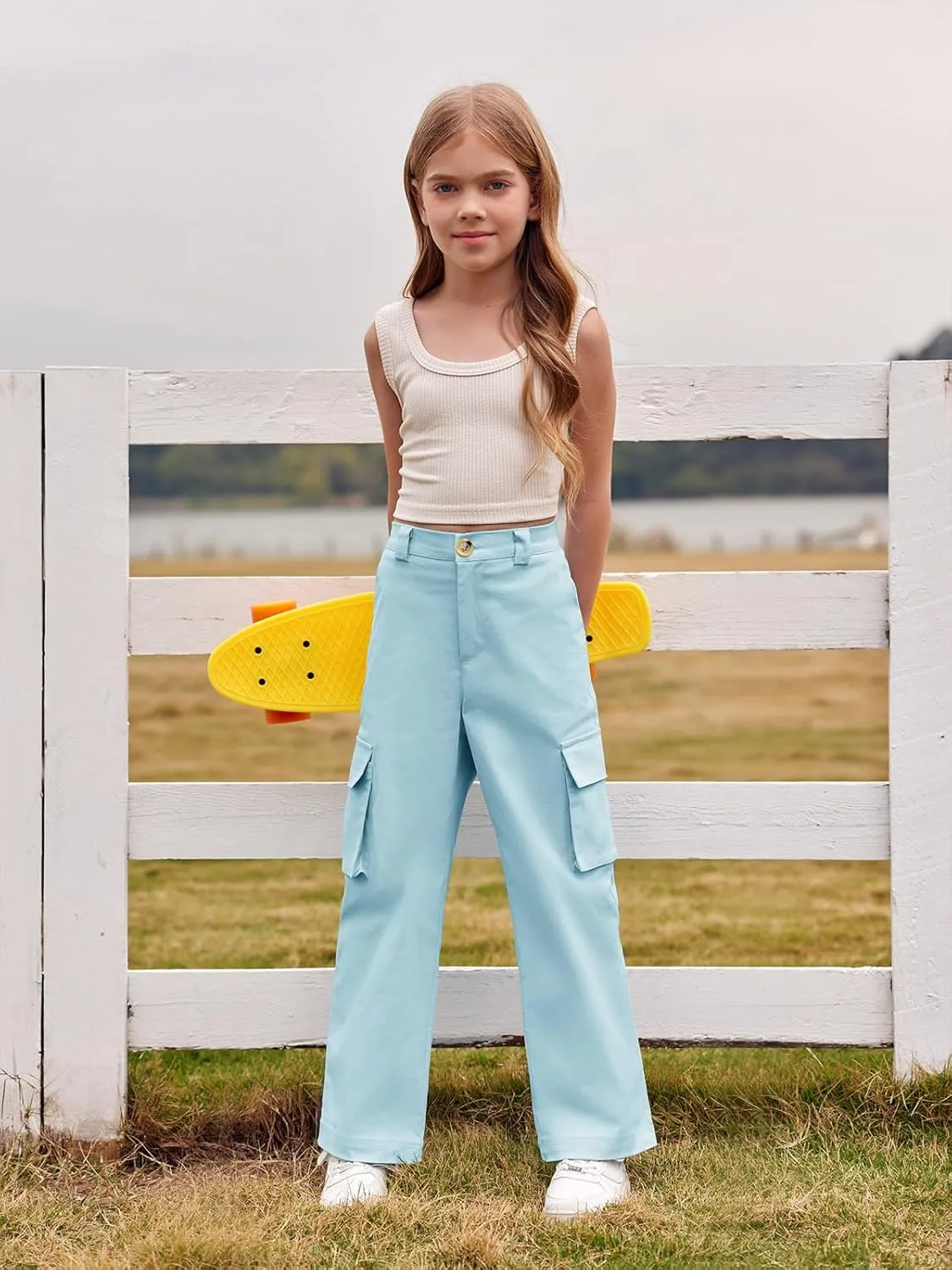 SySea Girls Cargo Pants Baggy Y2K Kids High Waist Sweatpants Flap Pockets Loose Fit Straight Wide Leg Casual Trousers