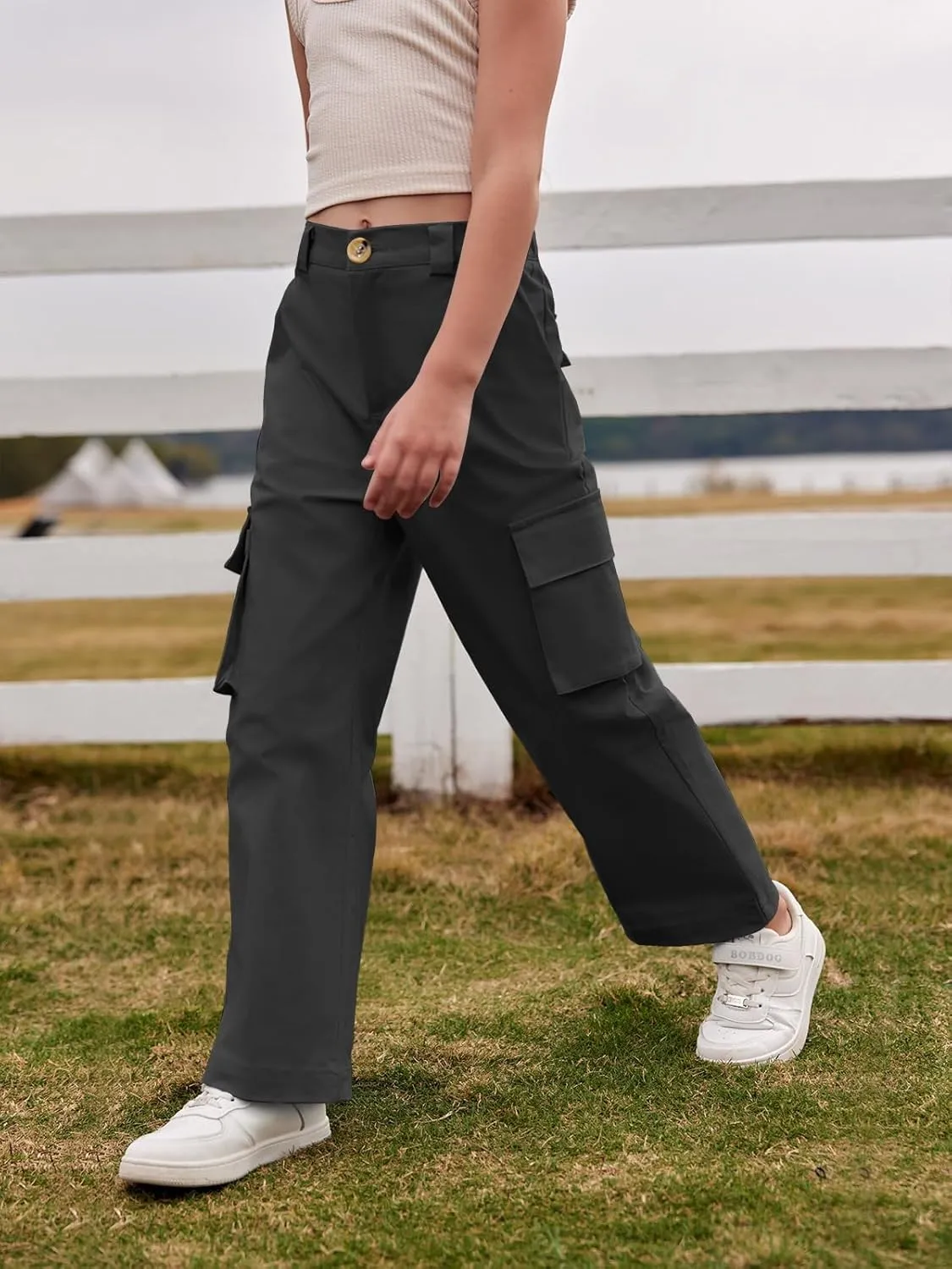 SySea Girls Cargo Pants Baggy Y2K Kids High Waist Sweatpants Flap Pockets Loose Fit Straight Wide Leg Casual Trousers