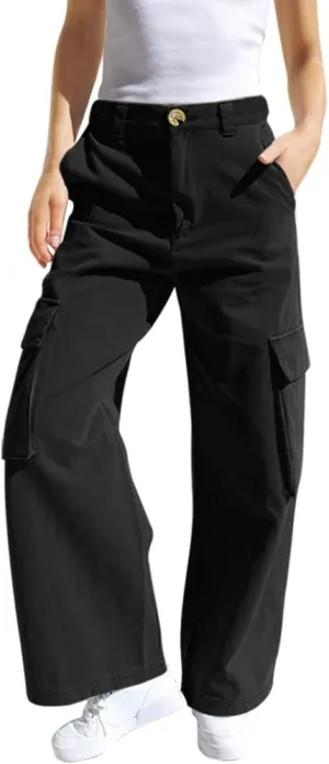SySea Girls Cargo Pants Baggy Y2K Kids High Waist Sweatpants Flap Pockets Loose Fit Straight Wide Leg Casual Trousers