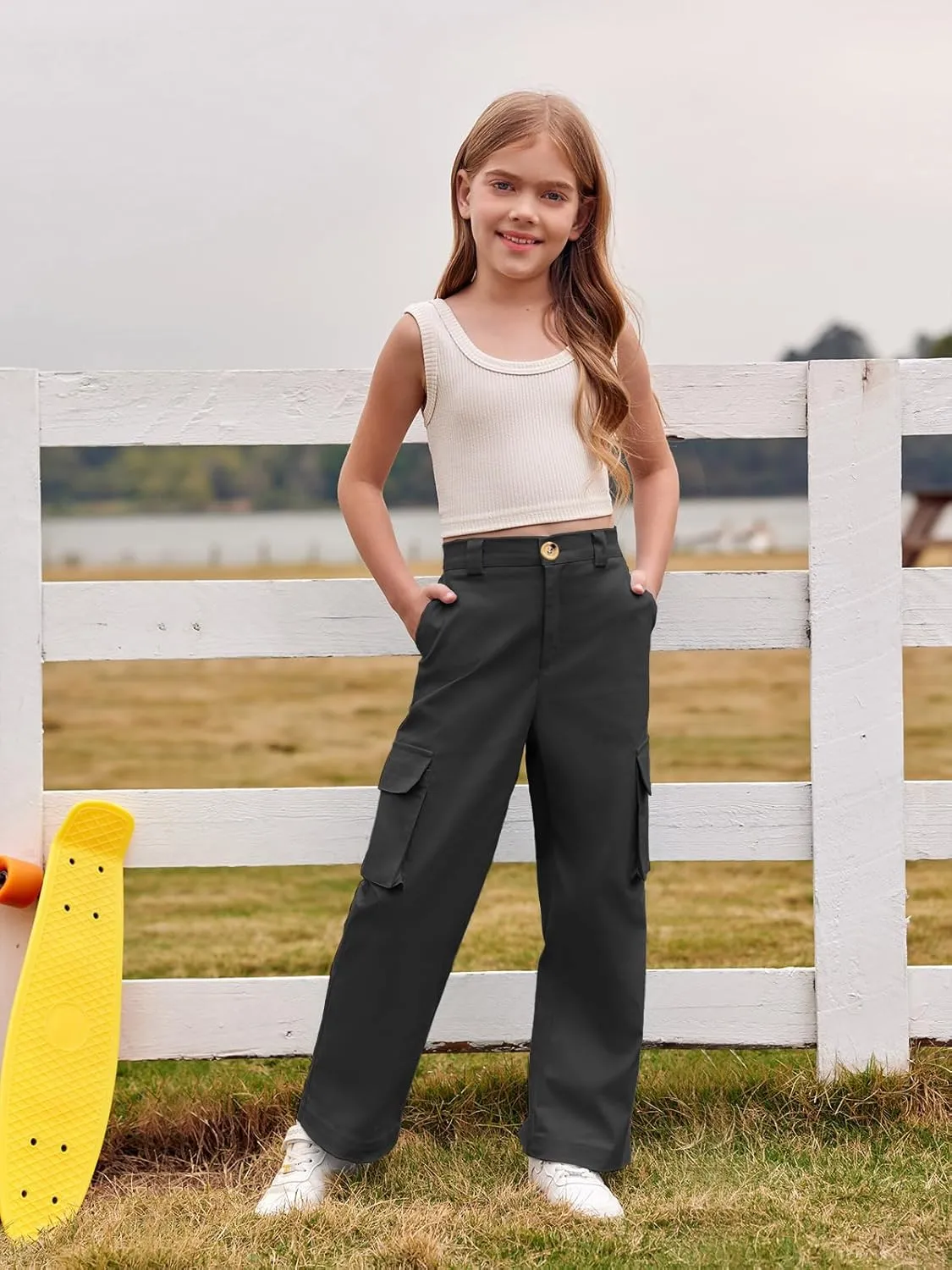 SySea Girls Cargo Pants Baggy Y2K Kids High Waist Sweatpants Flap Pockets Loose Fit Straight Wide Leg Casual Trousers
