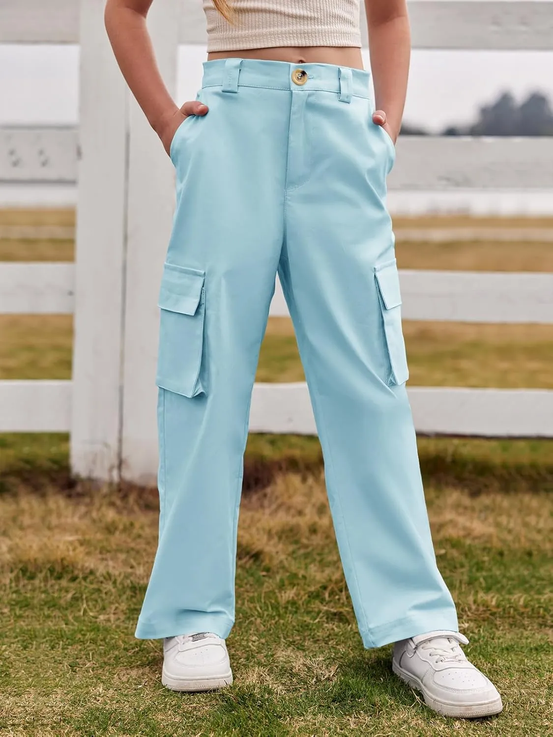 SySea Girls Cargo Pants Baggy Y2K Kids High Waist Sweatpants Flap Pockets Loose Fit Straight Wide Leg Casual Trousers