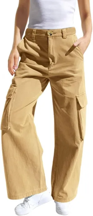 SySea Girls Cargo Pants Baggy Y2K Kids High Waist Sweatpants Flap Pockets Loose Fit Straight Wide Leg Casual Trousers