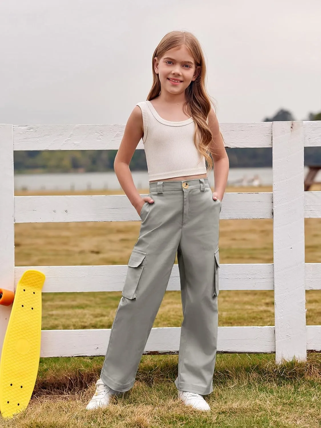 SySea Girls Cargo Pants Baggy Y2K Kids High Waist Sweatpants Flap Pockets Loose Fit Straight Wide Leg Casual Trousers