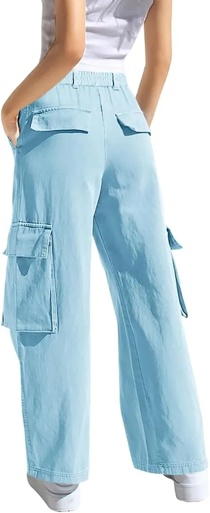 SySea Girls Cargo Pants Baggy Y2K Kids High Waist Sweatpants Flap Pockets Loose Fit Straight Wide Leg Casual Trousers