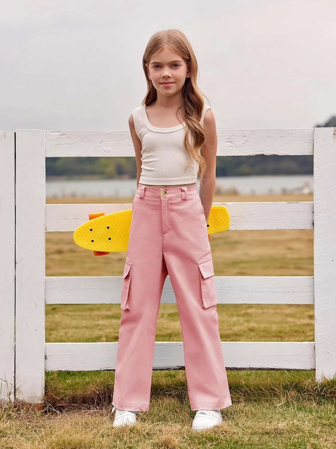 SySea Girls Cargo Pants Baggy Y2K Kids High Waist Sweatpants Flap Pockets Loose Fit Straight Wide Leg Casual Trousers