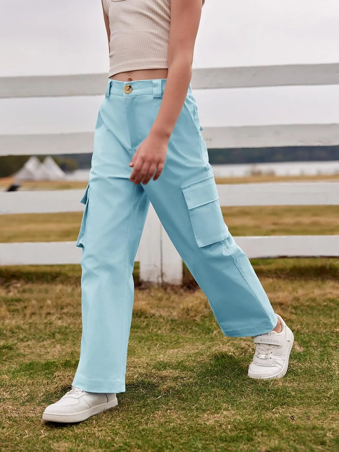 SySea Girls Cargo Pants Baggy Y2K Kids High Waist Sweatpants Flap Pockets Loose Fit Straight Wide Leg Casual Trousers