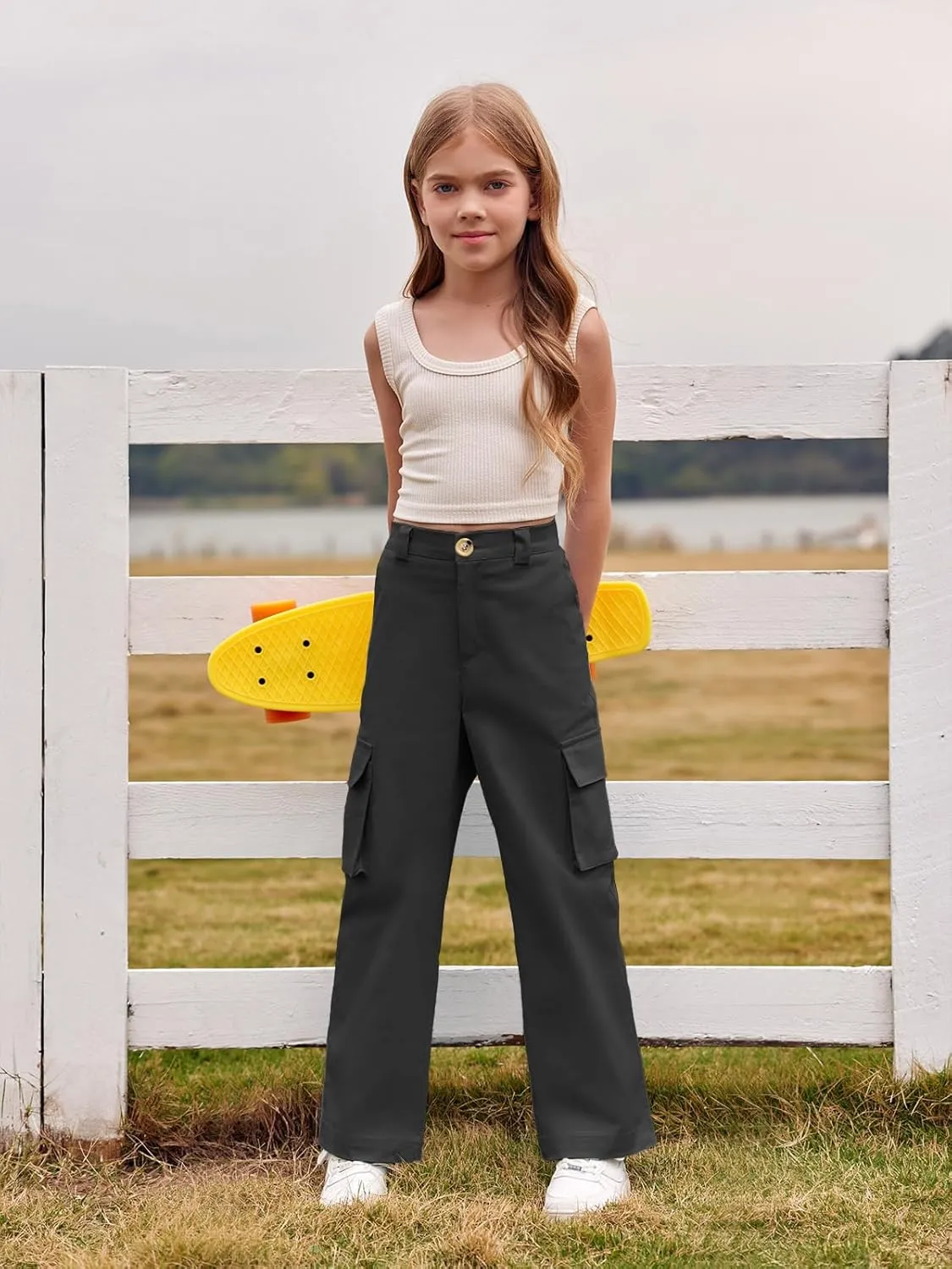 SySea Girls Cargo Pants Baggy Y2K Kids High Waist Sweatpants Flap Pockets Loose Fit Straight Wide Leg Casual Trousers