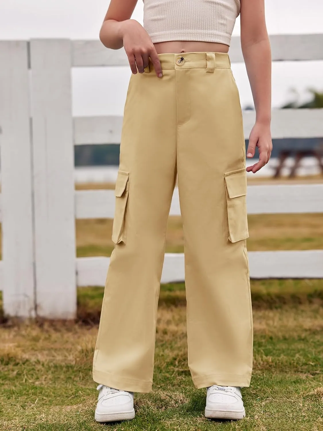 SySea Girls Cargo Pants Baggy Y2K Kids High Waist Sweatpants Flap Pockets Loose Fit Straight Wide Leg Casual Trousers