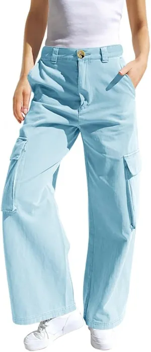 SySea Girls Cargo Pants Baggy Y2K Kids High Waist Sweatpants Flap Pockets Loose Fit Straight Wide Leg Casual Trousers
