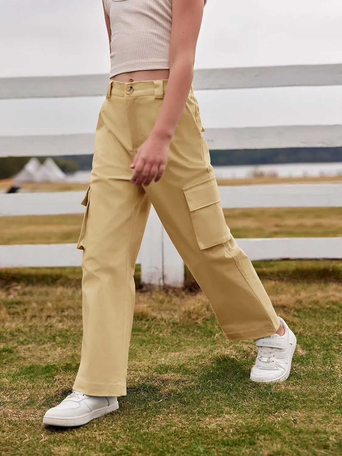 SySea Girls Cargo Pants Baggy Y2K Kids High Waist Sweatpants Flap Pockets Loose Fit Straight Wide Leg Casual Trousers